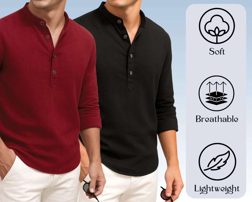 Deelmo Combo Of MenS Cotton Blend Solid Regular Fit Full Sleeve Short Kurta | MenS Trendy Short Kurta Pack Of 2 Red - Black
