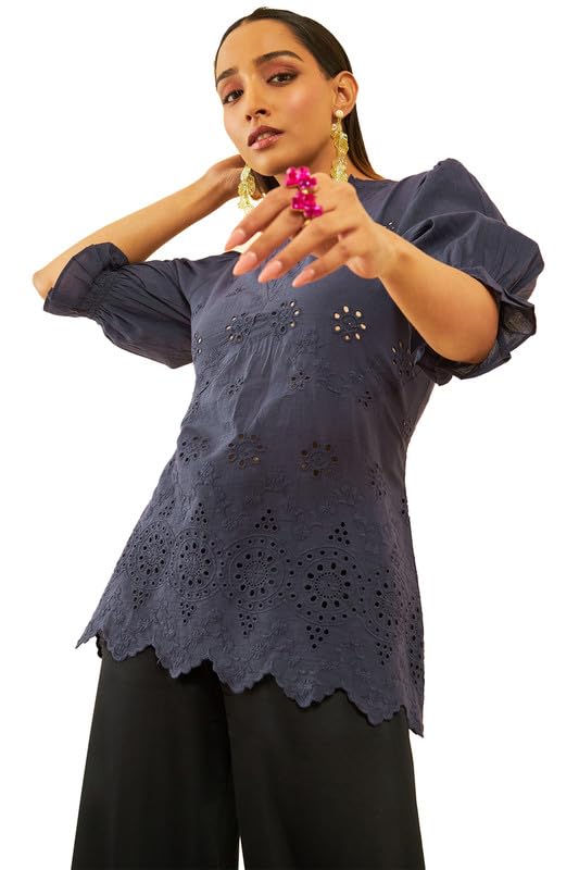 Soch Womens Blue Cotton Floral Schiffli Design Puff Sleeves Tunic