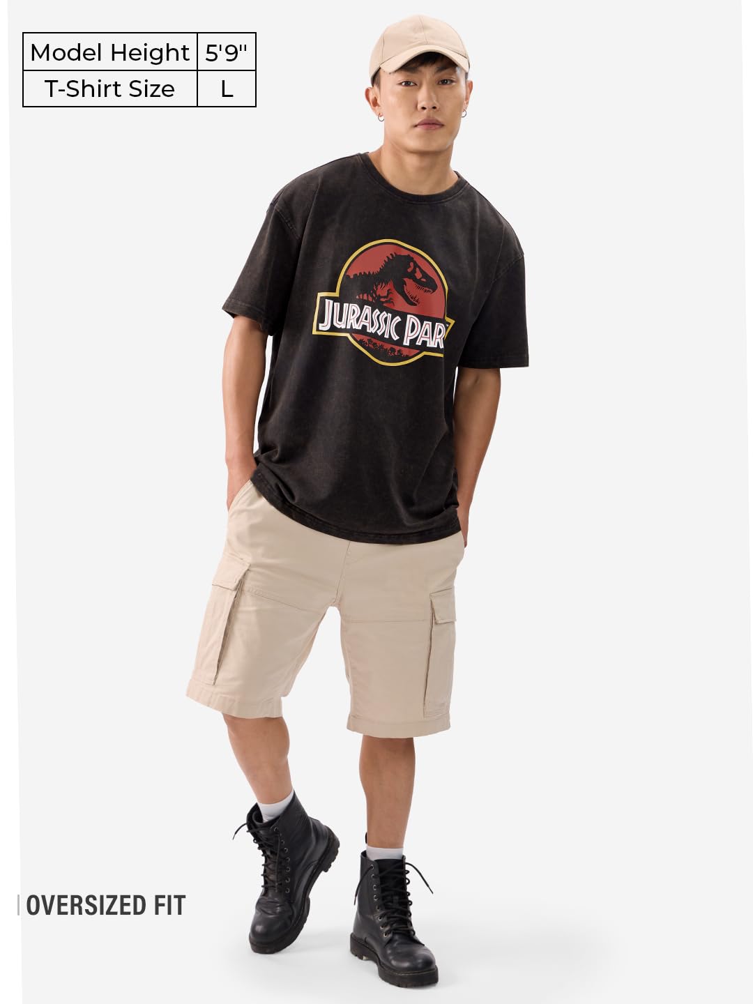 The Souled Store Official Jurassic Park: Logo Vintage Wash Men and Boys Short Sleeves Round Neck Black Graphic Printed Cotton Ov