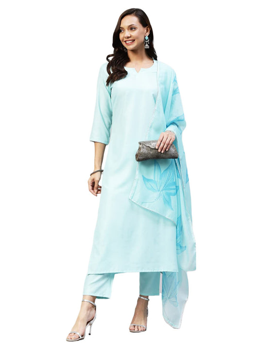 GoSriKi Women's Cotton Blend Straight Solid Kurta with Pant & Dupatta (Resoti Nw)
