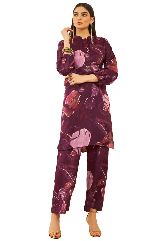 Soch Womens Wine Muslin Abstract Printed Co-Ord Set With Cutdana