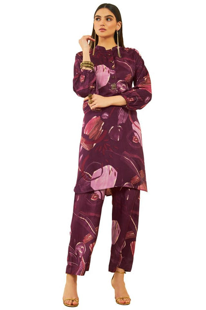 Soch Womens Wine Muslin Abstract Printed Co-Ord Set With Cutdana