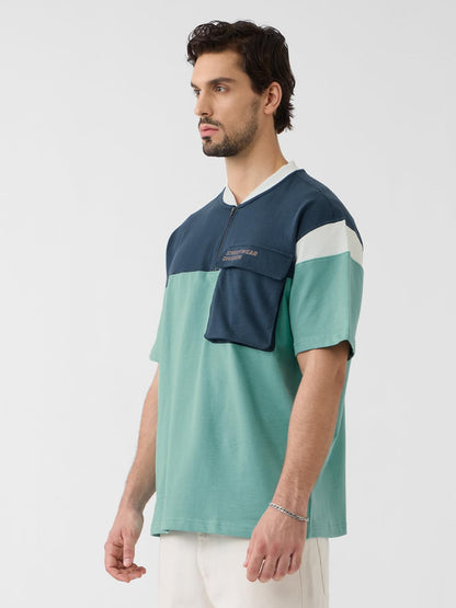The Souled Store Bliss Men and Boys Short Sleeves Round Neck Green Colourblock Cotton Oversized Zipper Polos