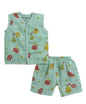 BUMZEE Girls Cotton Muslin Sleeveless Graphic Print Front Open Jabla & Short Set Green - 12-18 Months (Peb11539E-grn)