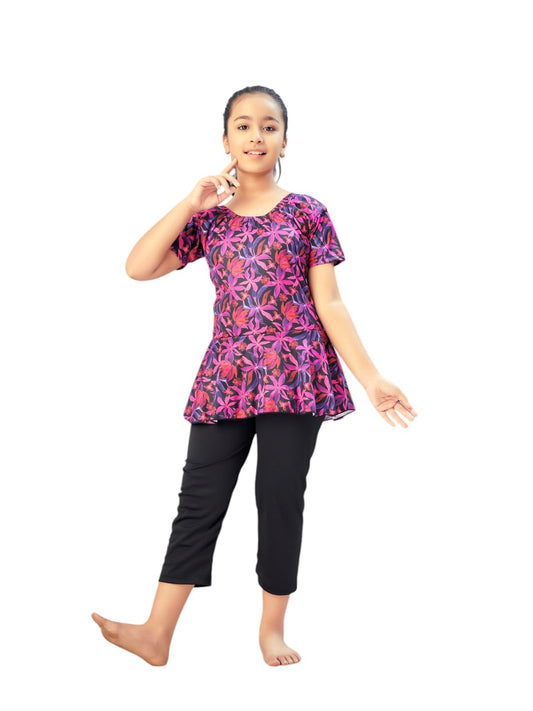 Aarika Girls Sports Wear Rani-Black Colour Floral Print Nylon Swim Suit (5-15 Years)-(SW-SHM-C-1120)