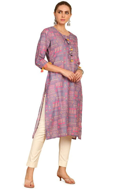 Soch Womens Purple Floral Printed Rayon Straight Kurta With Tassels
