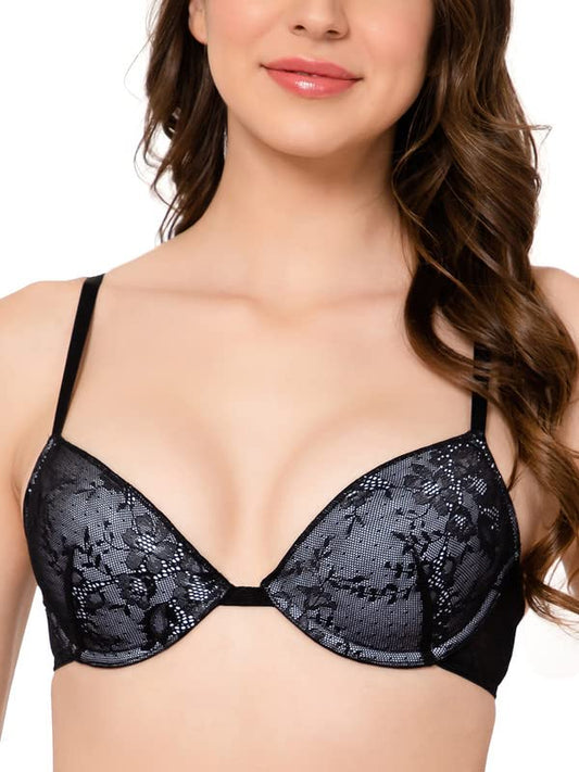 Clovia Womens Lace Solid Padded Demi Cup Underwired T-Shirt Bra (BR2377Q13_Black_32D)