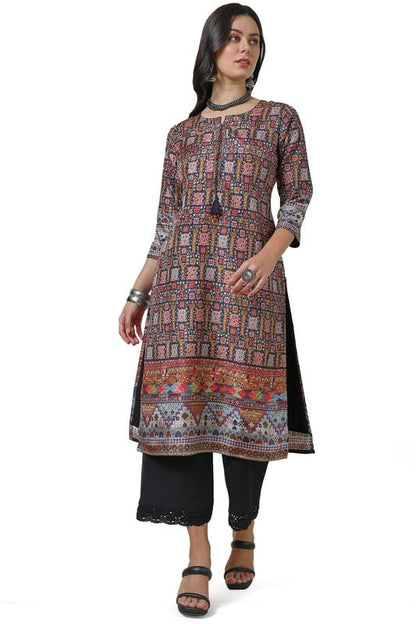 Soch Womens Black Abstract Print Silk Blend Kurta with Tassels