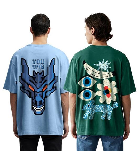 Veirdo Mens 100% Cotton Oversized Baggy Fit Drop Shoulder Graphic Printed Short Sleeve T-Shirt Combo