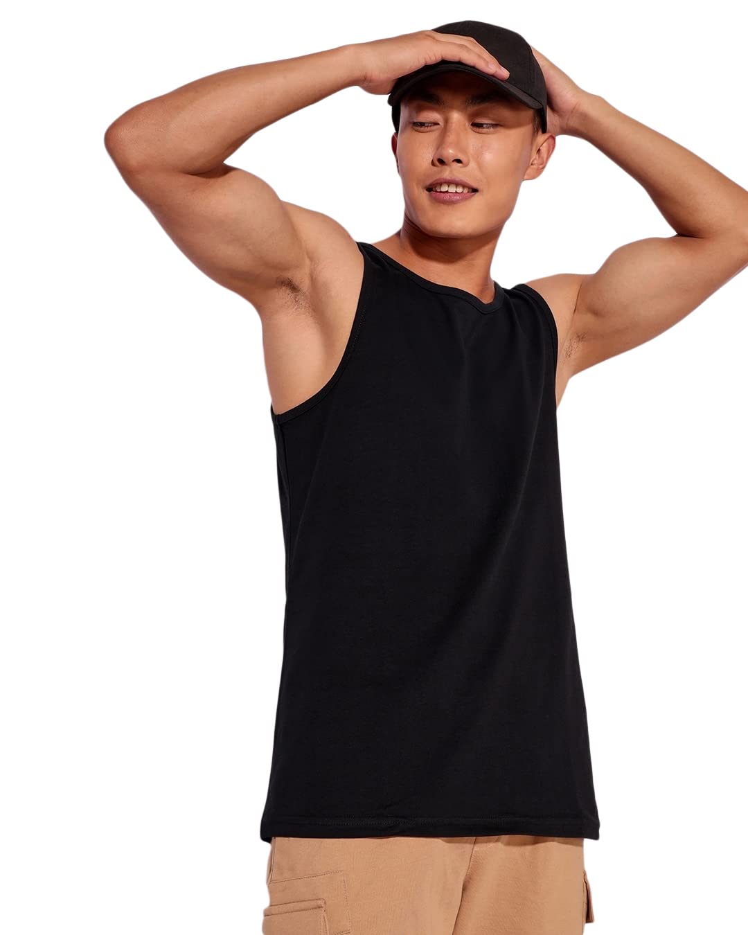 Bewakoof Mens Solid Regular Fit Sleeveless Round Neck Cotton Vest