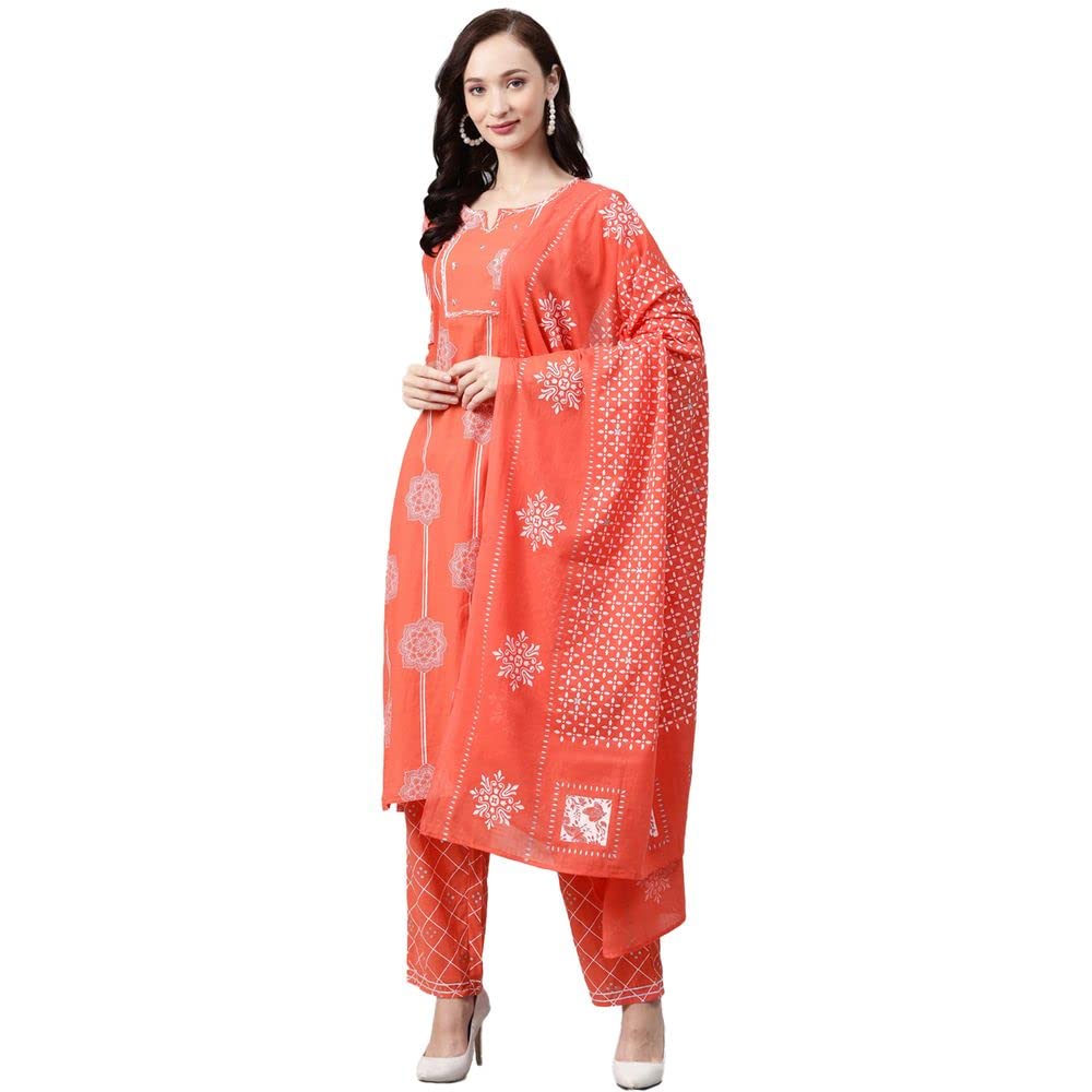 anubhutee Women's Red Ethnic Motifs Printed Sequinned Pure Cotton Kurta Suit Set with Pants and Dupatta