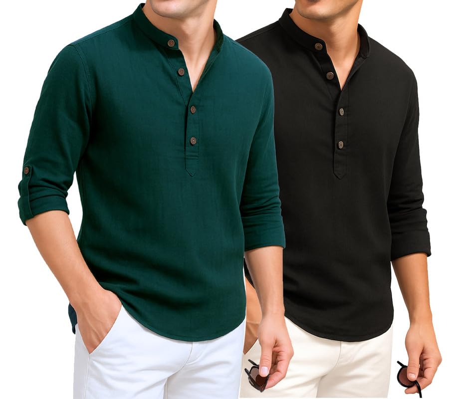 Deelmo Combo Of MenS Cotton Blend Solid Regular Fit Full Sleeve Short Kurta | MenS Trendy Short Kurta Pack Of 2