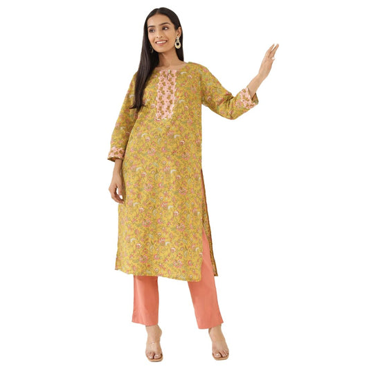 Fabindia WomenS Cotton Kurta Set (1037544Yellow-Pink_Yellow