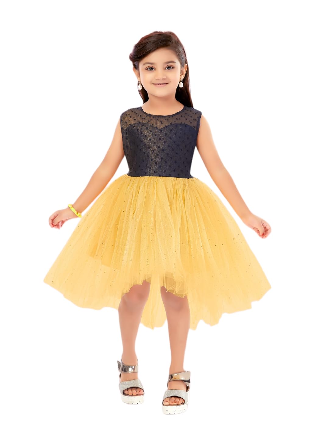 Aarika Girl's Net Fit and Flare Knee-Length Dress (SP-FK-3005_Navy Blue-Fawn