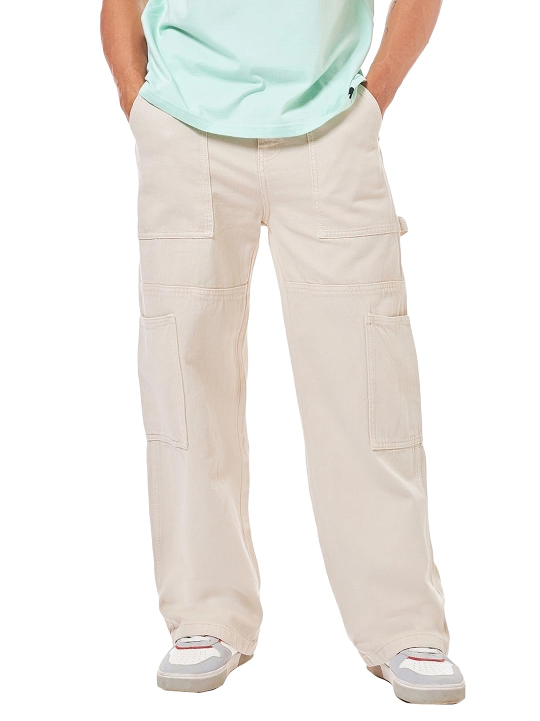 Bewakoof Mens Solid Straight Fit Cotton Carpenter High Rise Jeans_624675_Beige_28