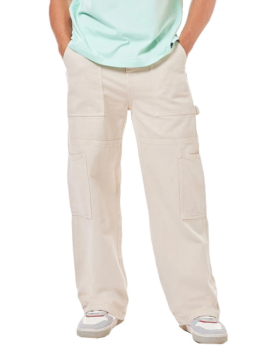 Bewakoof Mens Solid Straight Fit Cotton Carpenter High Rise Jeans_624675_Beige_34