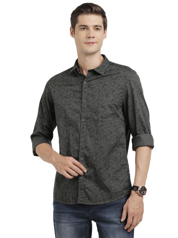 Turtle Men 100% Cotton Slim Fit Grey Printed Full Sleeve Casual Shirt