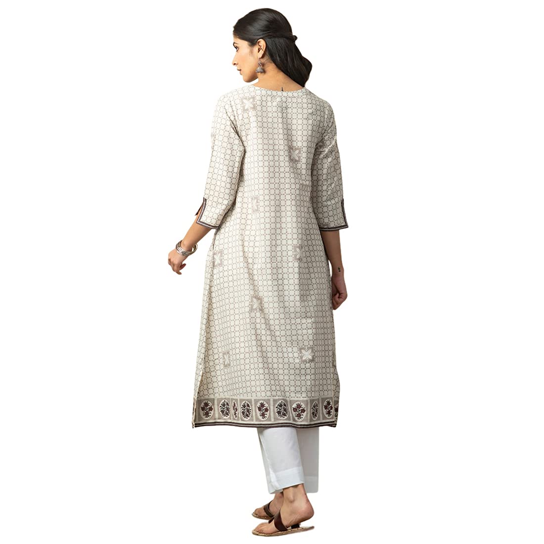 Fabindia Women Printed Slim Fit Long Kurta Cotton_Grey