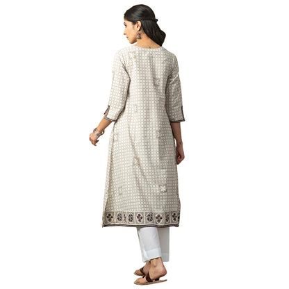 Fabindia Women Printed Slim Fit Long Kurta Cotton_Grey