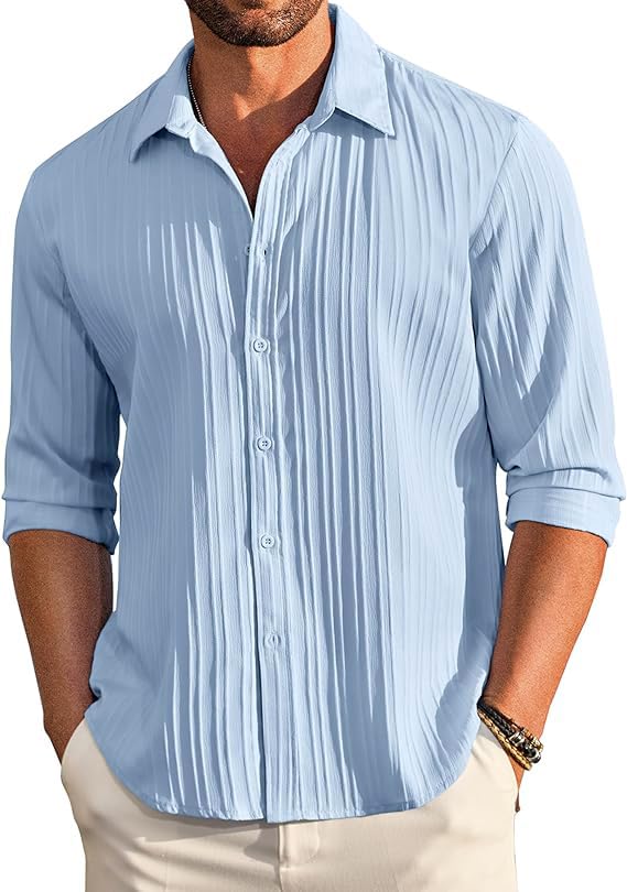 CB-COLEBROOK Mens Casual Button Down Shirts Long Sleeve Linen Shirt Fashion Textured Beach Summer Shirts| Men Stylish Shirt | M