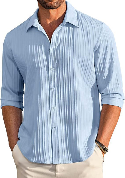 CB-COLEBROOK Mens Casual Button Down Shirts Long Sleeve Linen Shirt Fashion Textured Beach Summer Shirts| Men Stylish Shirt | M