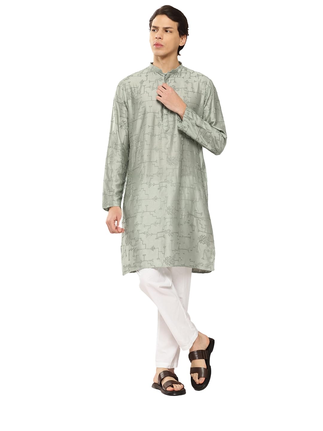 See Designs Mens Long Sleeve Side Slit Sea Green Embroidered Thread Work Chanderi Silk Straight Mandarin Collar Kurta - SDKT287
