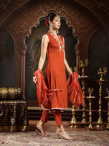 Stylum Womens Rust Solid & Embroidered Crepe A-Line Kurta With Dupatta