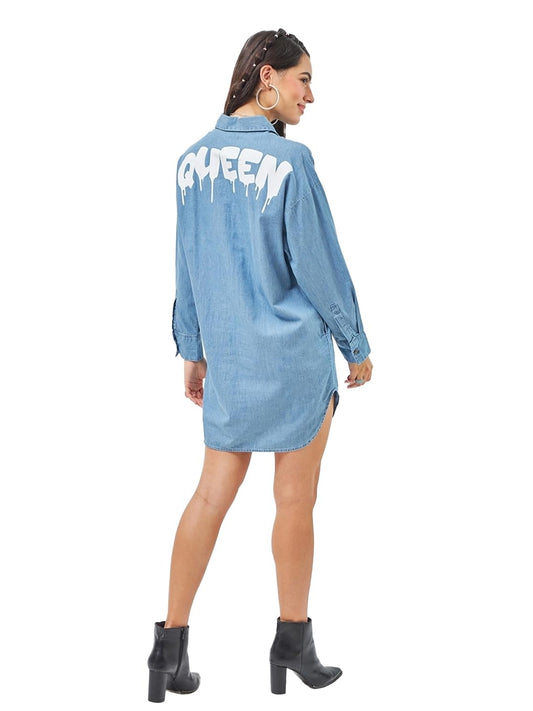 Bewakoof WomenS Printed Super Loose Fit Full Sleeve Collared Denim Dress 603333 Blue L