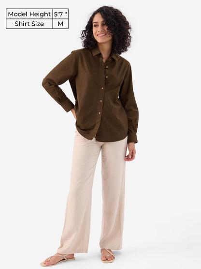 The Souled Store Cotton Linen: Chestnut Women and Girls Long Sleeves Collared Neck Button Front Regular Fit Shirts