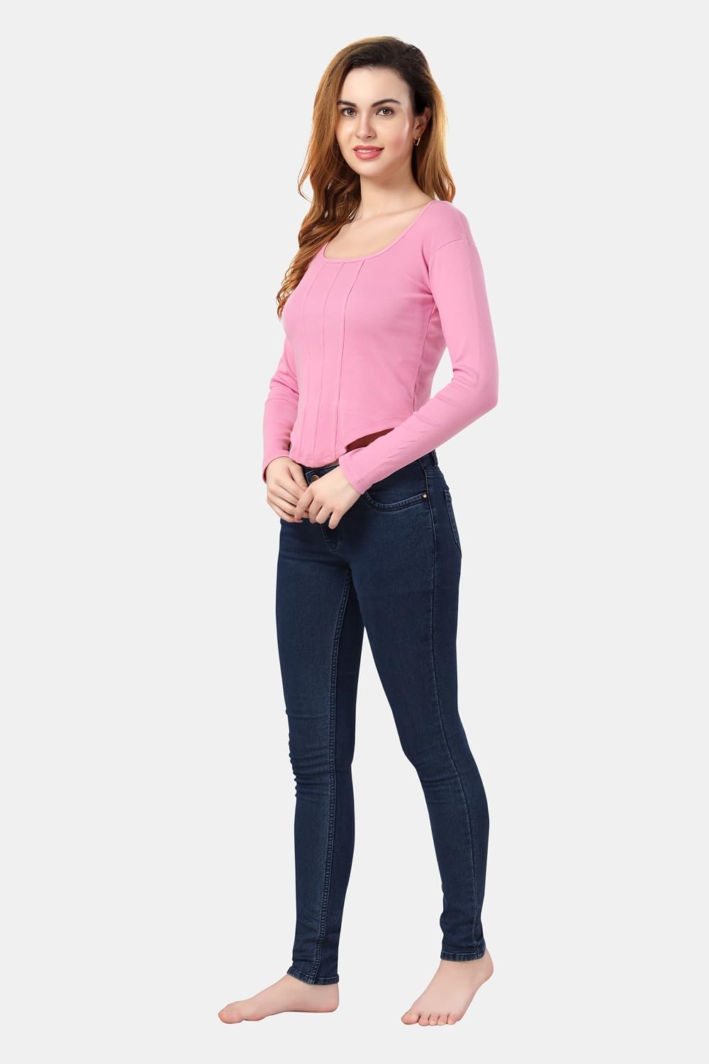 Fabme WomenS Full Sleeves, Square Neck Stylish Rib Crop Top - Pink