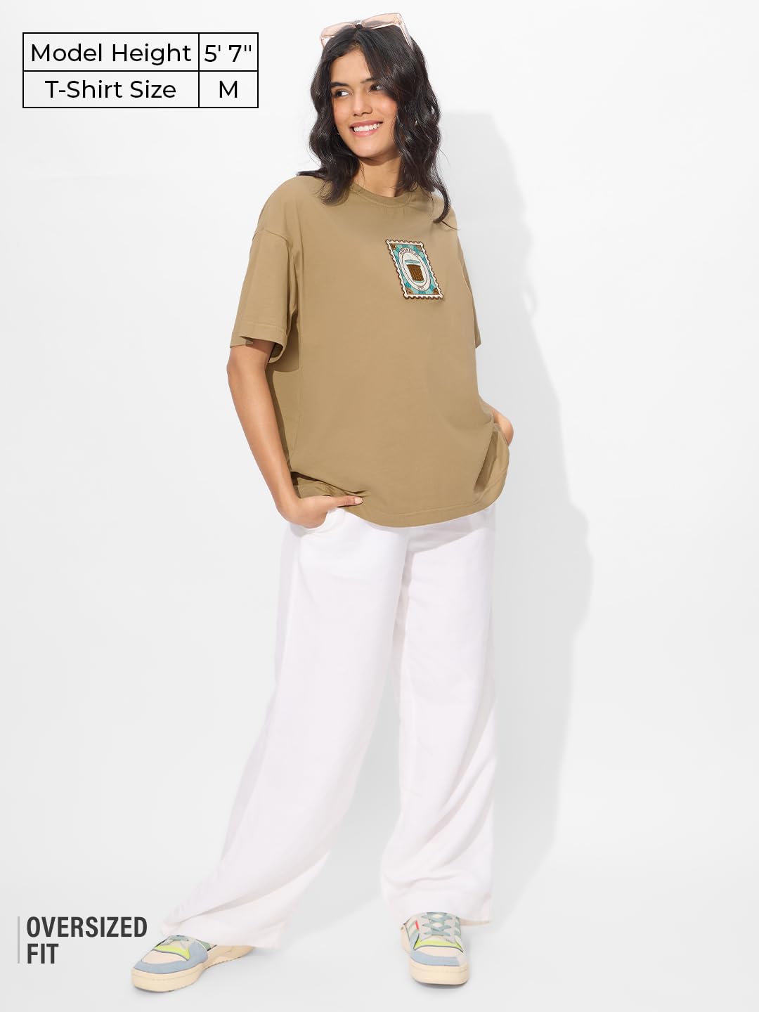 The Souled Store Chai Stamp Women and Girls Short Sleeves Round Neck Brown Applique Patch Cotton Oversized T-Shirts
