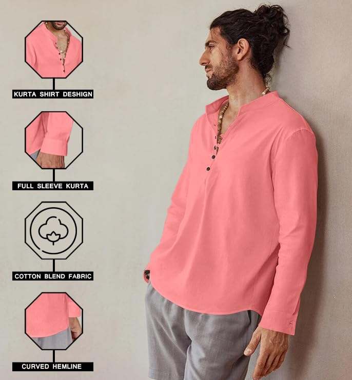 Royalscout MenS Cotton Solid Full Sleeve Short Kurta Shirt Peach