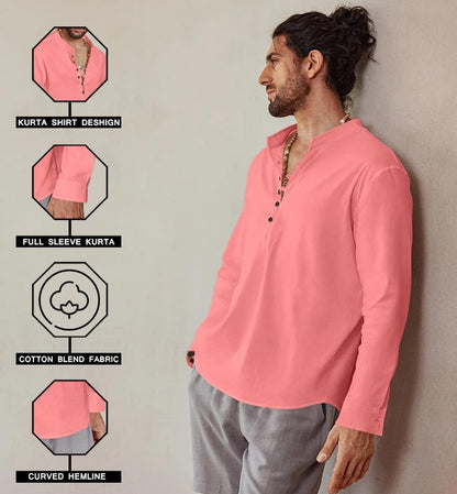 Royalscout MenS Cotton Solid Full Sleeve Short Kurta Shirt Peach