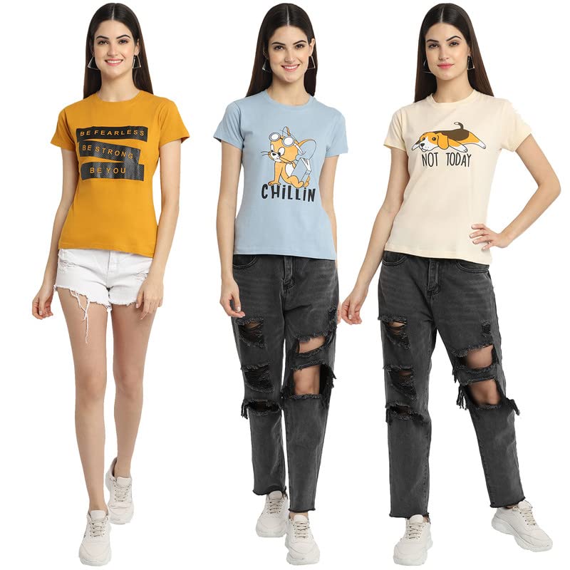 Preneum Womens Cotton Regular Fit Latest Graphic Stylish Printed Short Sleeves Casual T-Shirt || Latest Trendy & Style (Pack 3)