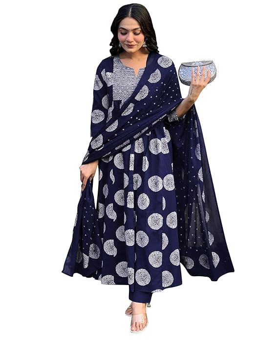 Toochki Dress for Women | Flared Dresses | Three Piece | Embroidered with Printed Work | Rayon Fabric | Navy Blue | with Pant an