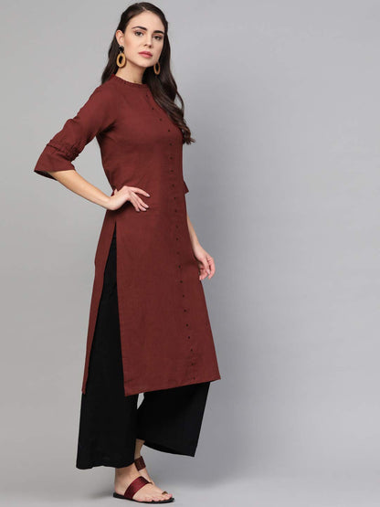 Idalia Maroon Straight 3/4 Sleeve Cotton Kurta For Women