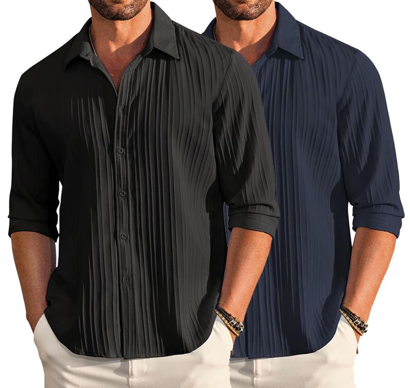 Deelmo Combo Of MenS Casual Button Down Shirts Long Sleeve Linen Shirt Fashion Textured Summer Shirts Pack Of 2 Black - Navy Bl