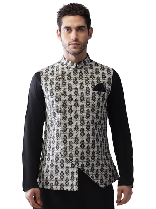 Kisah Nehru Jacket For Men  Foil Print Cotton Blend Modi Jacket | Ethnic & Formal Waist Coat For Weddings, Parties & Office Wear