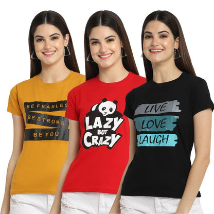 Preneum Womens Cotton Regular Fit Latest Graphic Stylish Printed Short Sleeves Casual T-Shirt || Latest Trendy & Style (Pack 3)