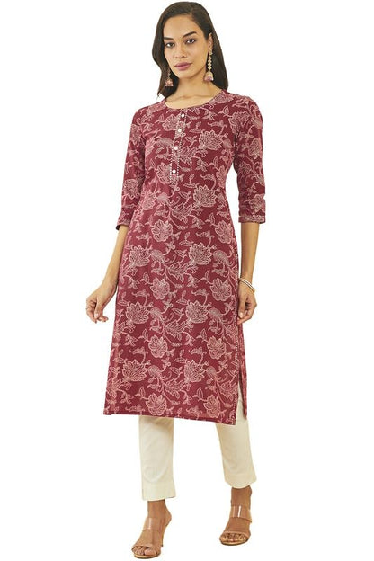 Soch Womens Cotton Floral Print Straight Kurta with Gota Patti Details
