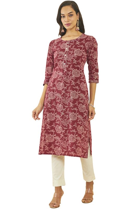 Soch Womens Cotton Floral Print Straight Kurta with Gota Patti Details