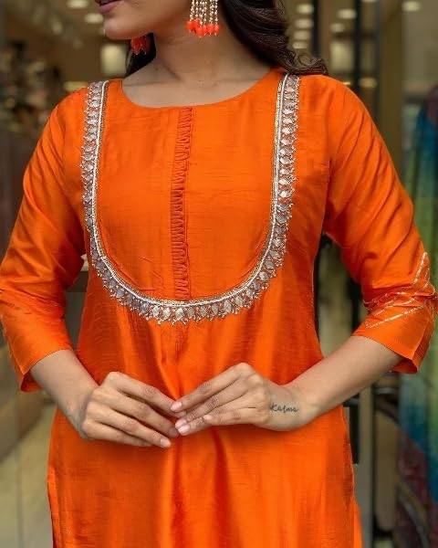 LookMark Womens Silk Blend Kurta Pant with Jacquard Dupatta Set and Khatali Work Suitable for Every Indian Occasion (AZ-LM-OG-K