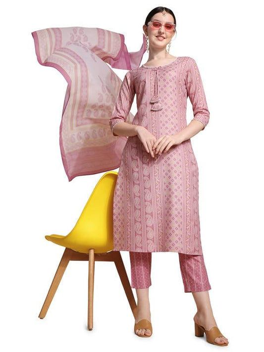 NAINVISH Cotton Blend Kurti Pant & Dupatta | Kurta Set for Women | Women Kurta Pant Dupatta Set | Pink Kurta Set for Women | Printed Kurta Pant Dupatta Set