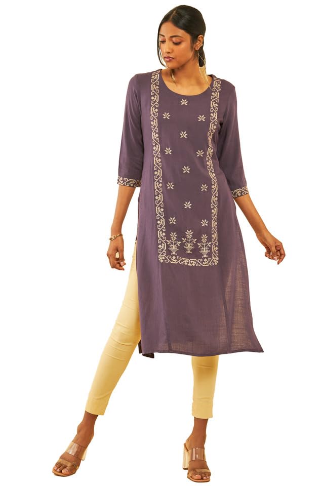 Soch Womens Purple Rayon Slub Zari Embroidered Panelled Straight Kurta