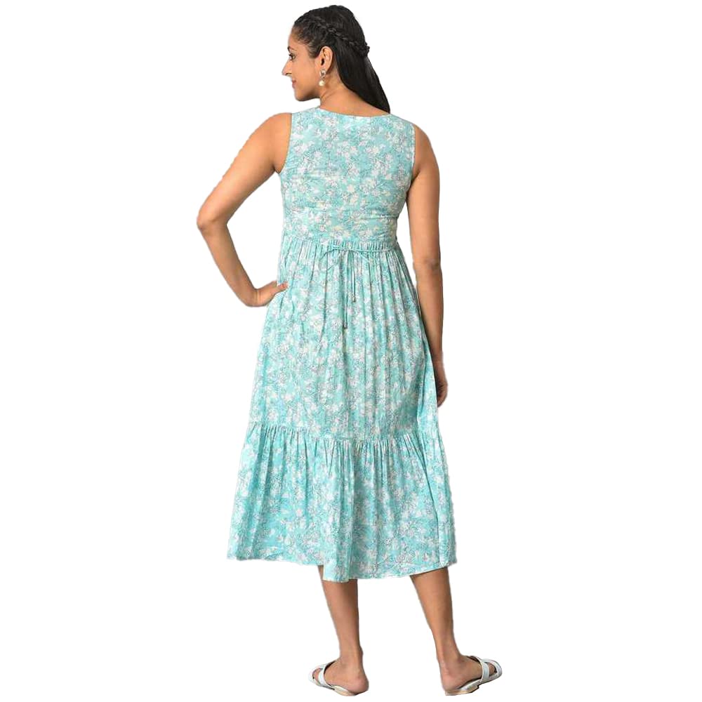 Aurelia WomenS Floral Printed Midi Blue Cotton Dress