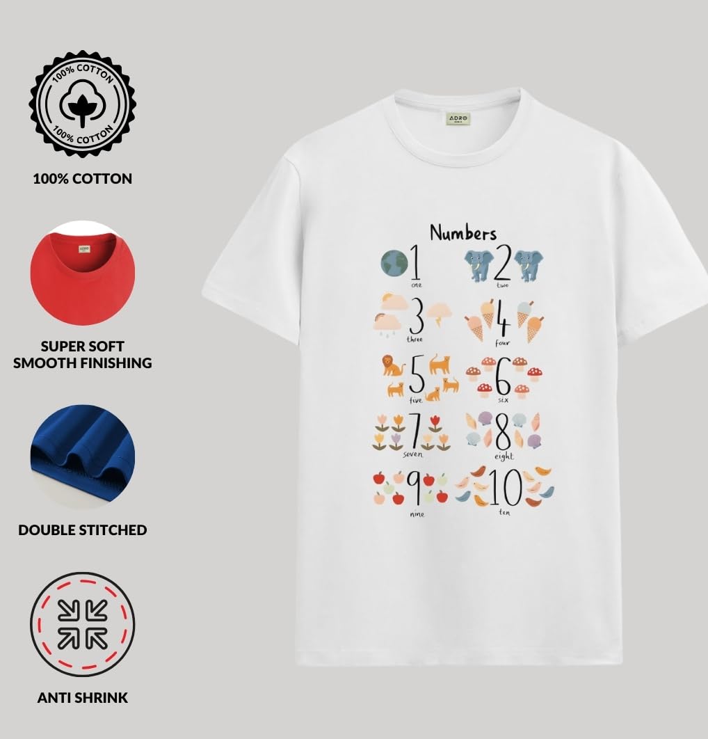 ADRO T Shirts for Boys & Girls || Learning Numbers Printed T-Shirt || Ages 3-14 || 100% Cotton Round Neck Tshirt for Boys & Girl
