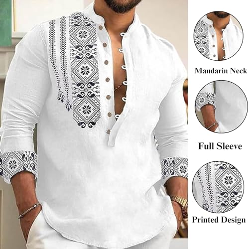 Deemoon MenS Cotton Blend Mandarin Collar Self One Design Full Sleeve Casual Short Kurta White