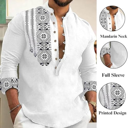 Deemoon MenS Cotton Blend Mandarin Collar Self One Design Full Sleeve Casual Short Kurta White