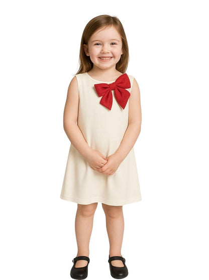 A.T.U.N. (ALL THINGS UBER NICE) Girls Stylish Suzy Dress with Contrast Bow | Sleeveless Soft Stretchable Knee Length Dress White