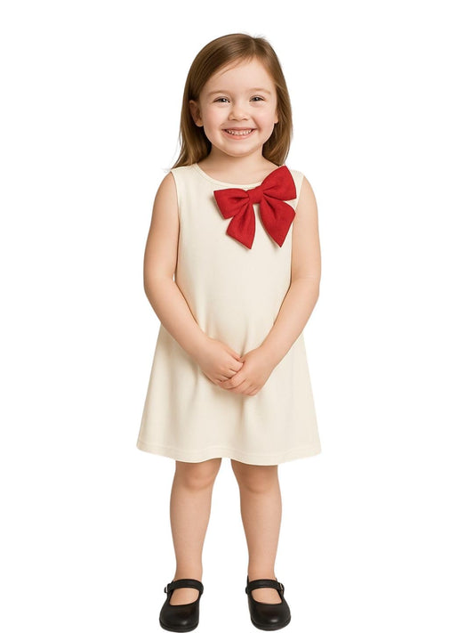 A.T.U.N. (ALL THINGS UBER NICE) Girls Stylish Suzy Dress with Contrast Bow | Sleeveless Soft Stretchable Knee Length Dress White